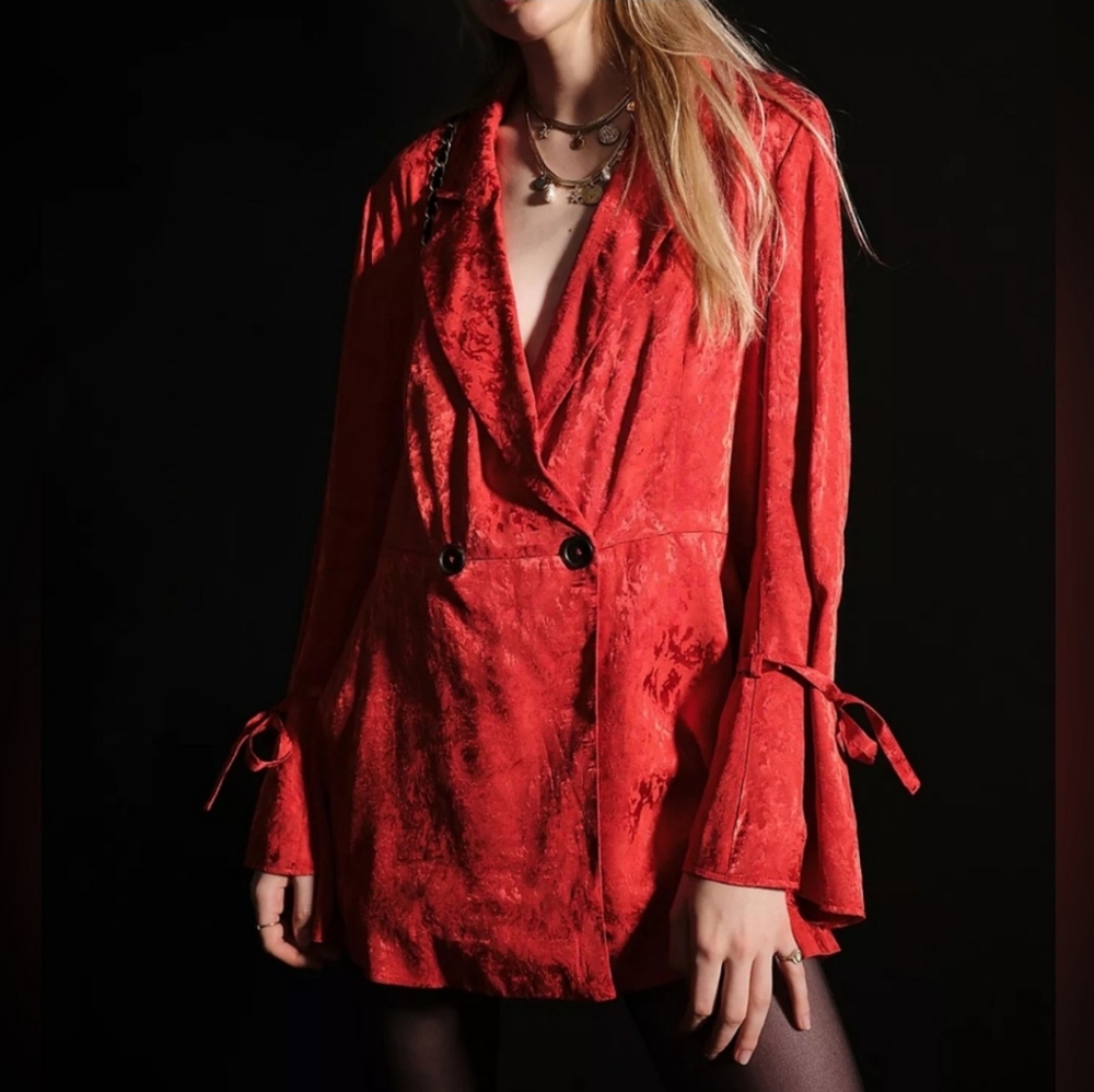 FREE PEOPLE Stella Satin Jacquard Blazer Sienna Red